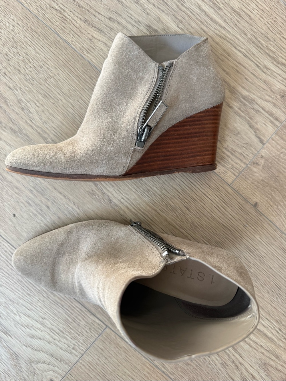 1. State Beige Suede Wedge Ankle Booties with Side Zip
